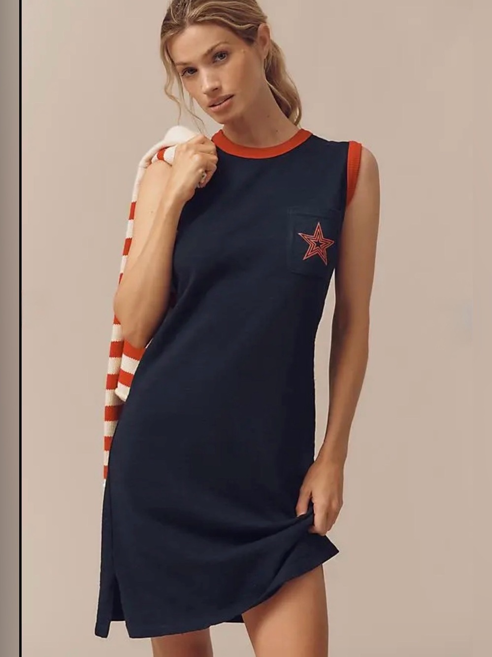 Sundry Jersey Graphic Midi Tank Dress Navy w/Red Star Size XL Athleisure Urban